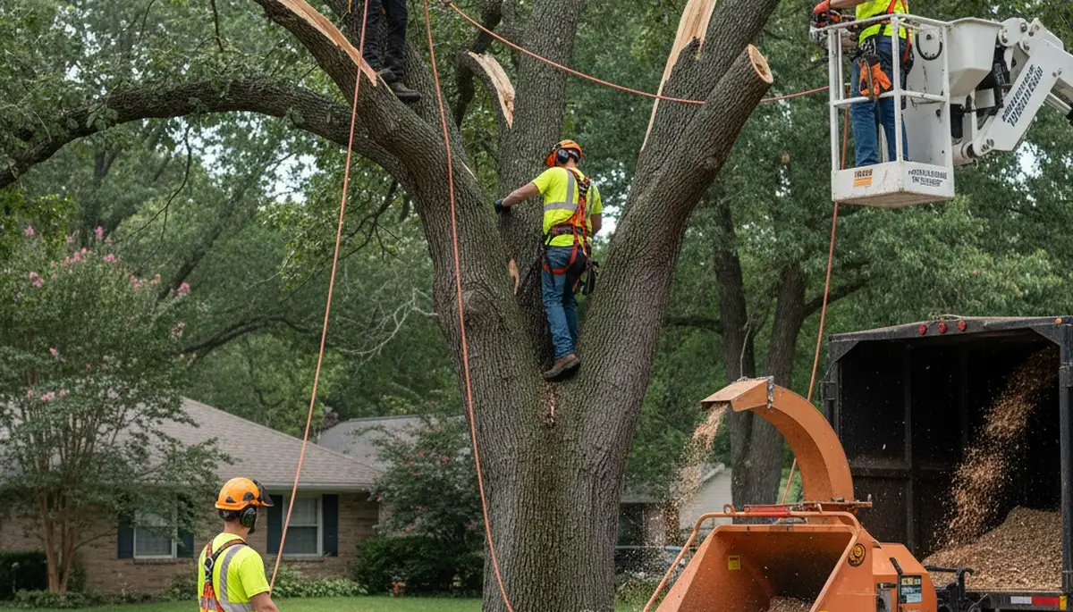 Emergency tree service crew removing storm-damaged tree in Littleton, CO