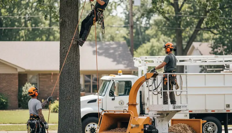 Littleton, CO tree removal crew safely removing a hazardous tree near a home