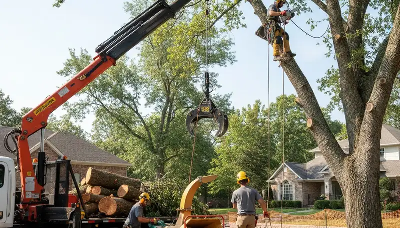 Tree removal crew safely removing a hazardous tree in Littleton, CO