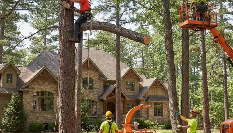 Tree service crew providing tree removal in Littleton, CO for a residential property